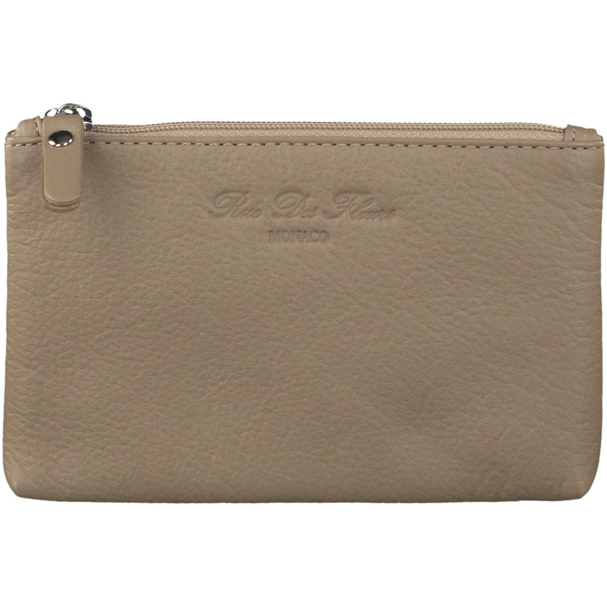 Pochette beige con cerniera. Scritta in rilievo: Rue Des Fleurs, Monaco. Cerniera con linguetta in pelle.