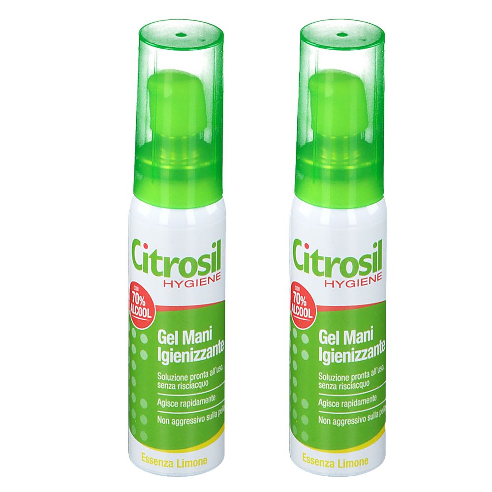 Due flaconi bianchi con tappi verdi, etichettati Citrosil HYGIENE. Testo: Gel Mani Igienizzante.