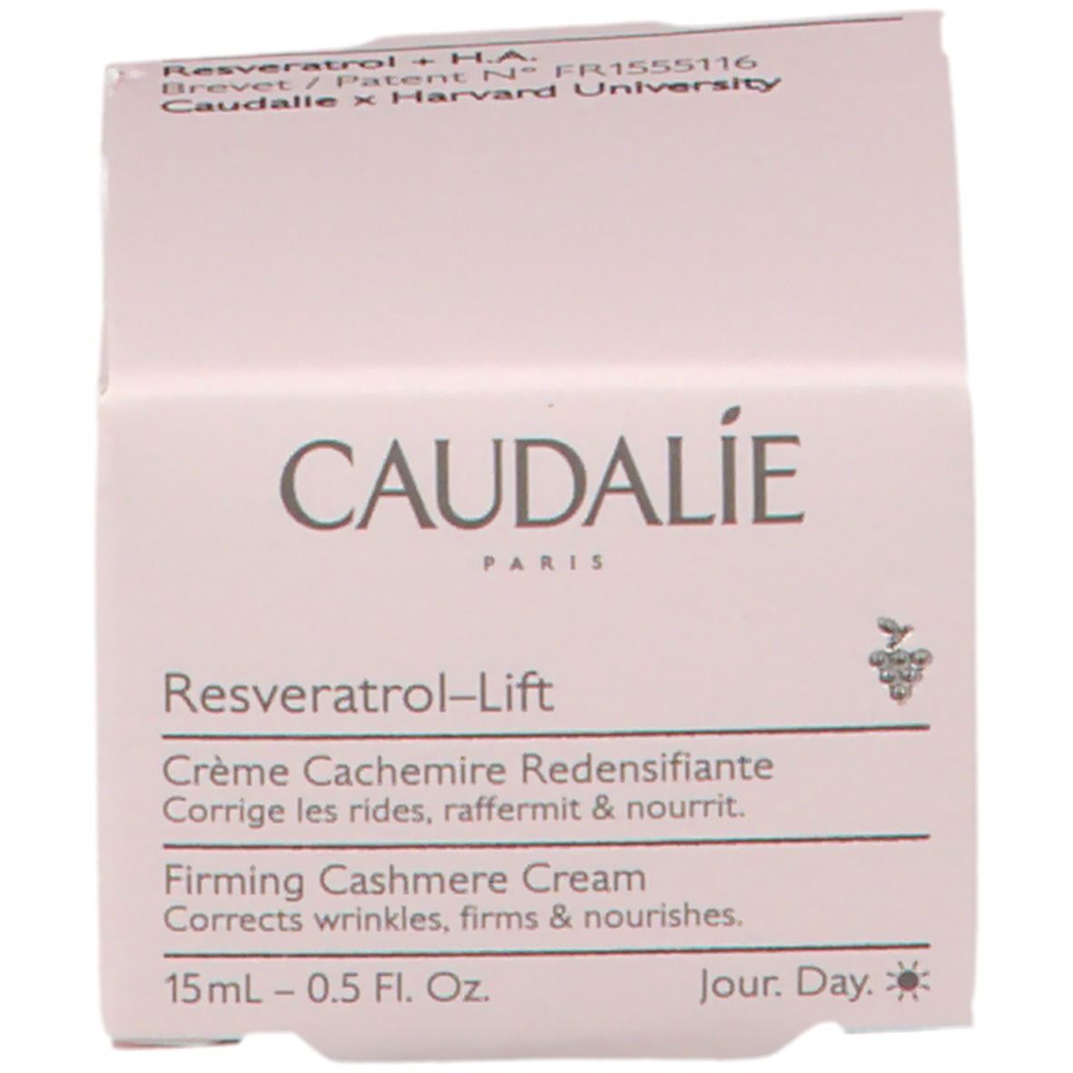 Confezione rosa CAUDALIE. Scritte: Resveratrol-Lift, Crème Cachemire Redensifiante, Firming Cashmere Cream. Formato: 15ml.