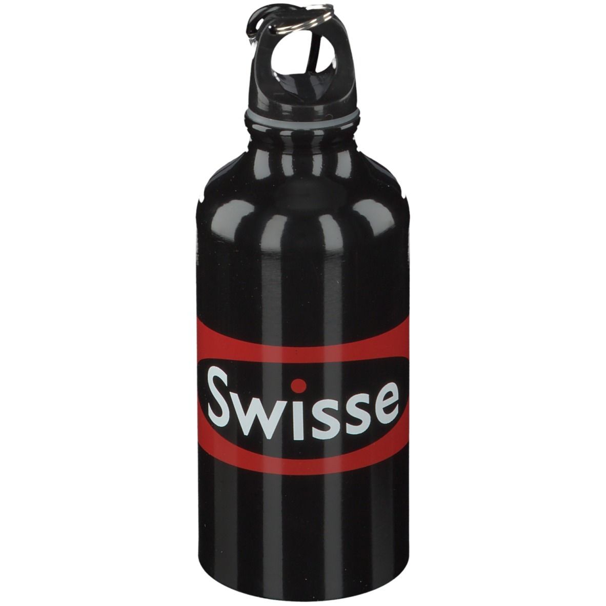 Borraccia nera con fascia rossa e scritta bianca "Swisse". Con moschettone.