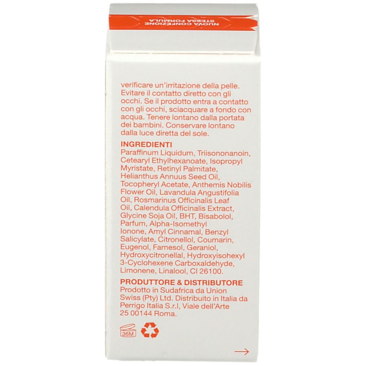 Retro della confezione Bio-Oil. Testo con ingredienti e informazioni sul produttore. Striscia arancione in alto.