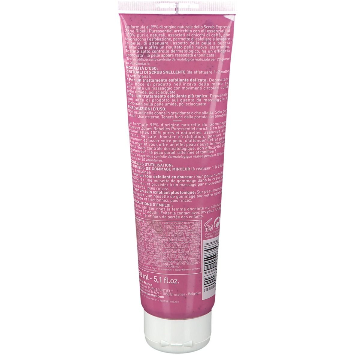 Retro del tubo rosa. Testo e informazioni sul prodotto. Tappo bianco. Codice a barre.