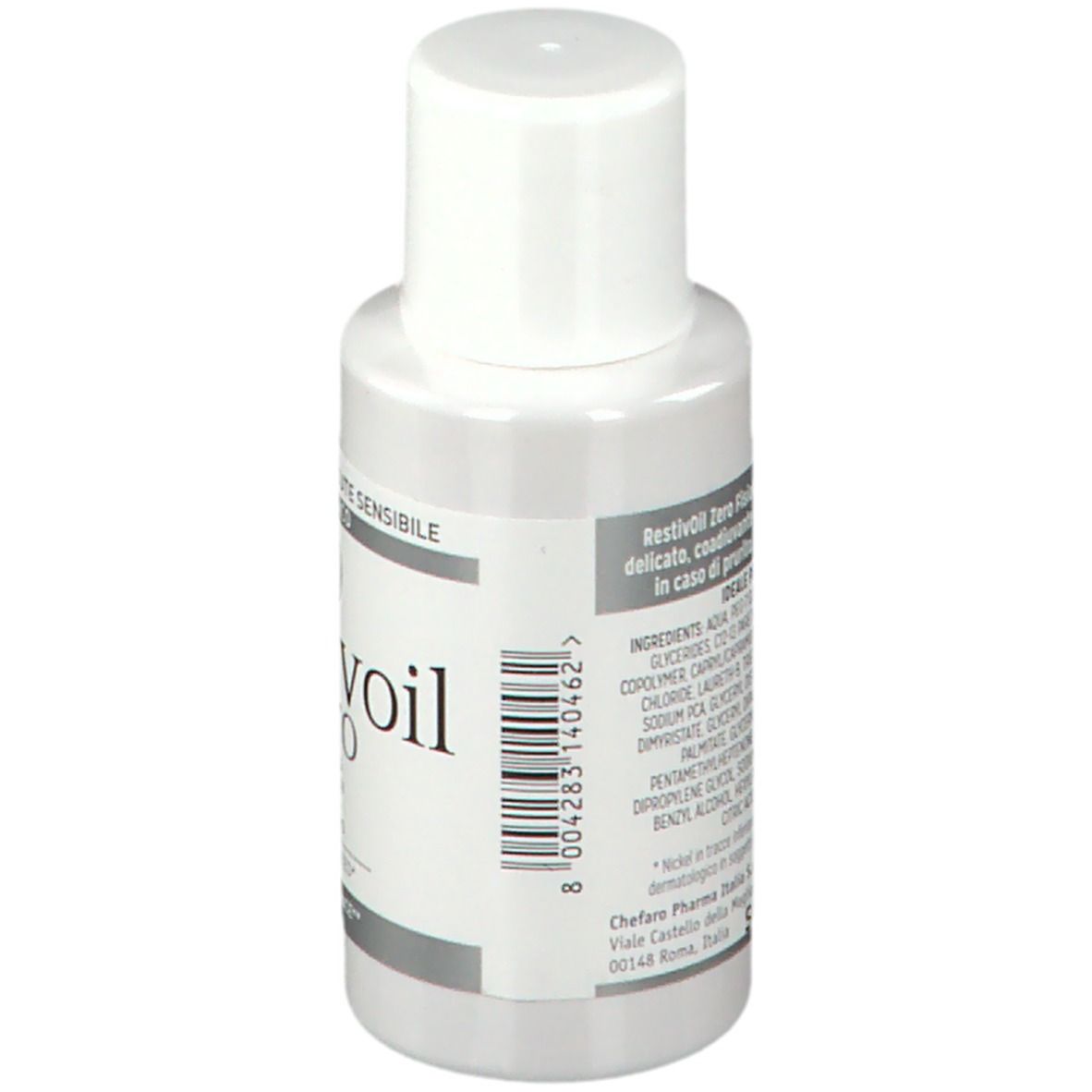 Flacone bianco con tappo bianco. Retro con ingredienti e codice a barre. Scritta: Restivoil zero.