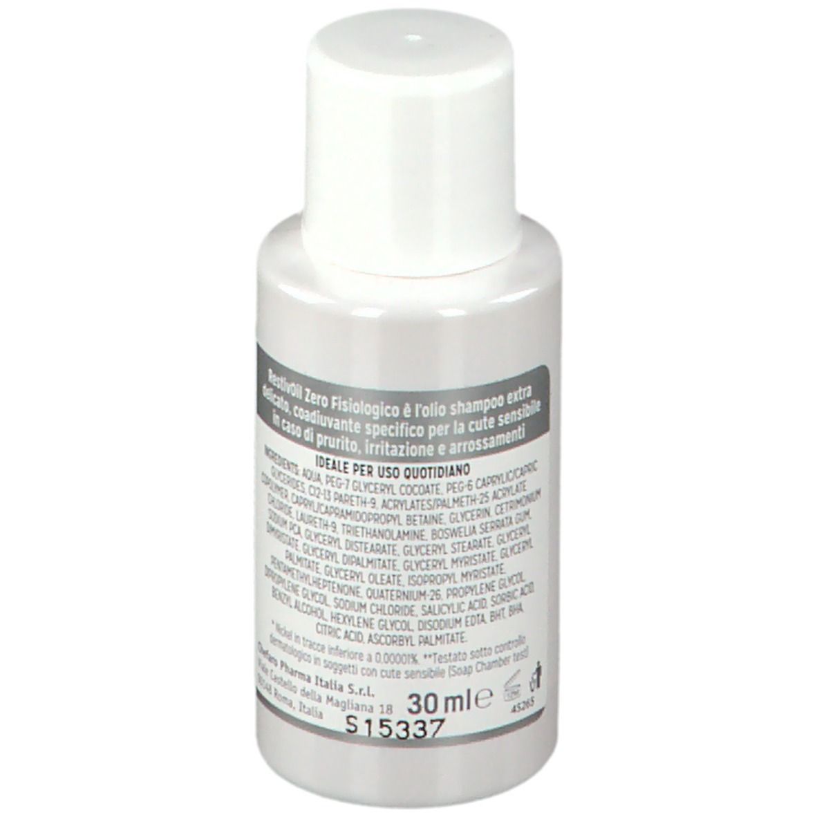 Flacone bianco con tappo bianco. Scritta: Restivoil zero, 30 ml. Ingredienti e istruzioni.