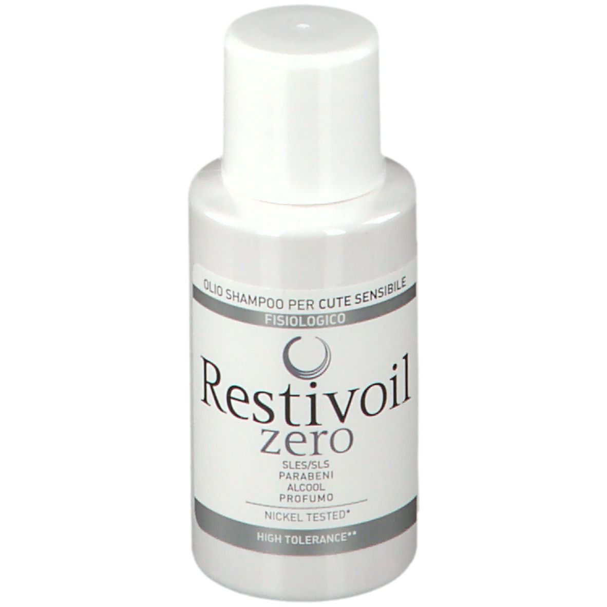 Flacone bianco con tappo bianco. Scritta: Restivoil zero, ingredienti e istruzioni.