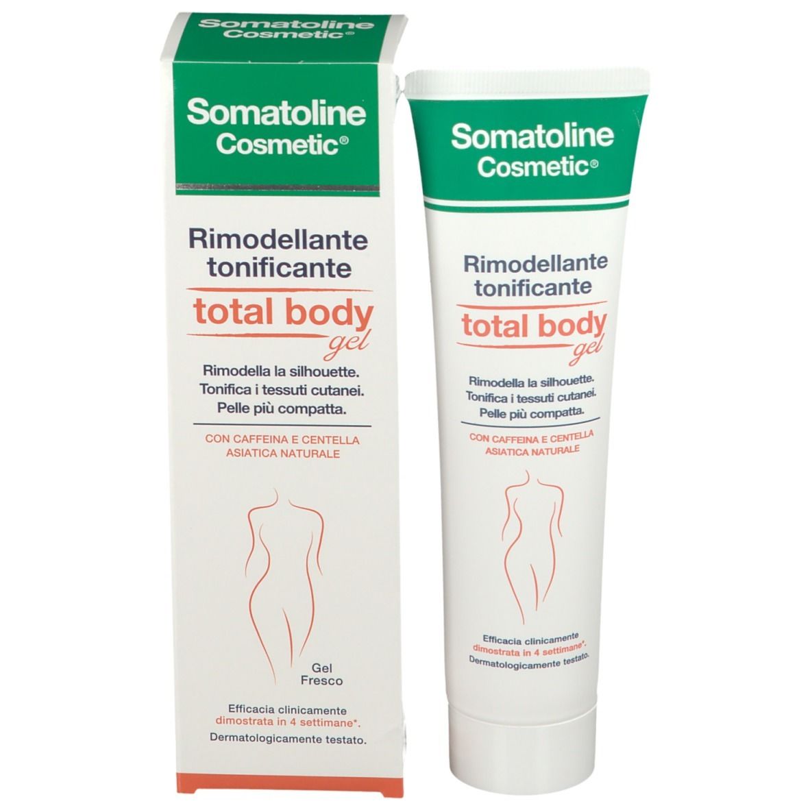 Confezione con tubo e scatola. Scritta: Somatoline Cosmetic, total body gel. Figura femminile.