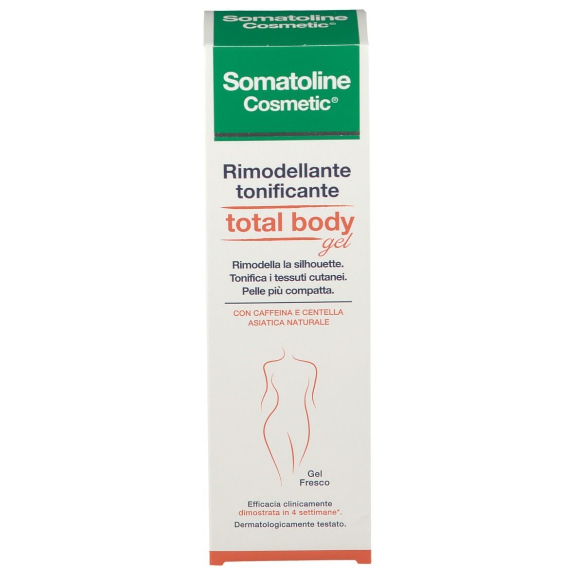 Confezione in cartone. Scritta: Somatoline Cosmetic, total body gel. Figura femminile.
