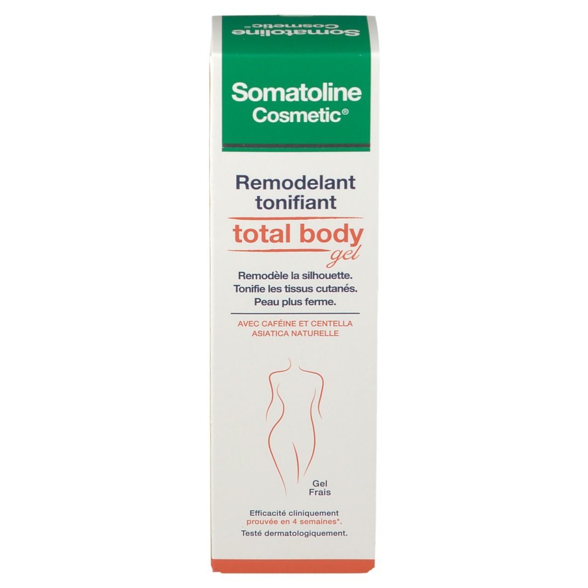 Confezione in cartone. Scritta: Somatoline Cosmetic, total body gel. Figura femminile.