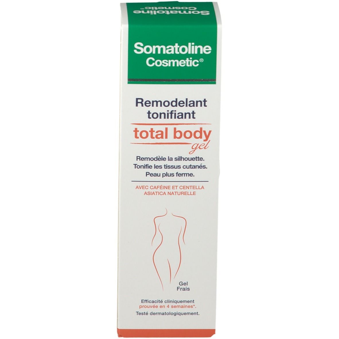 Confezione in cartone. Scritta: Somatoline Cosmetic, total body gel. Figura femminile.
