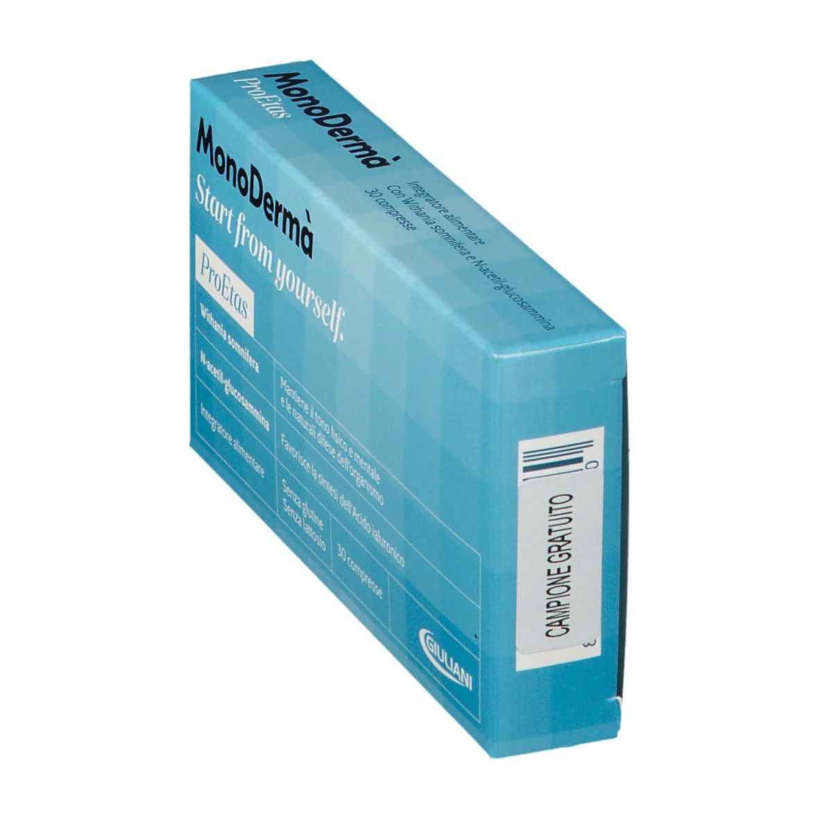 Scatola blu, nome prodotto e codice a barre. Adesivo 'Campione Gratuito'.