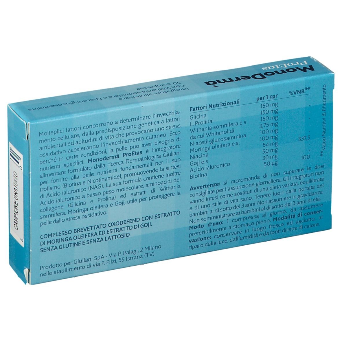 Retro della scatola blu con informazioni sul prodotto e valori nutrizionali.