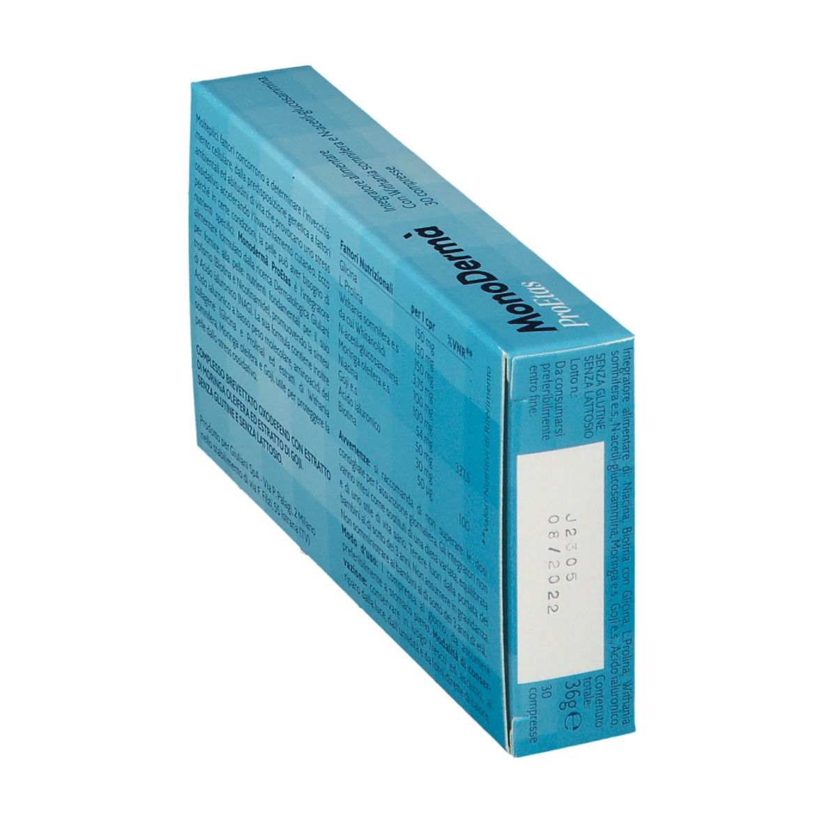 Scatola blu, nome prodotto e valori nutrizionali. Data di scadenza.