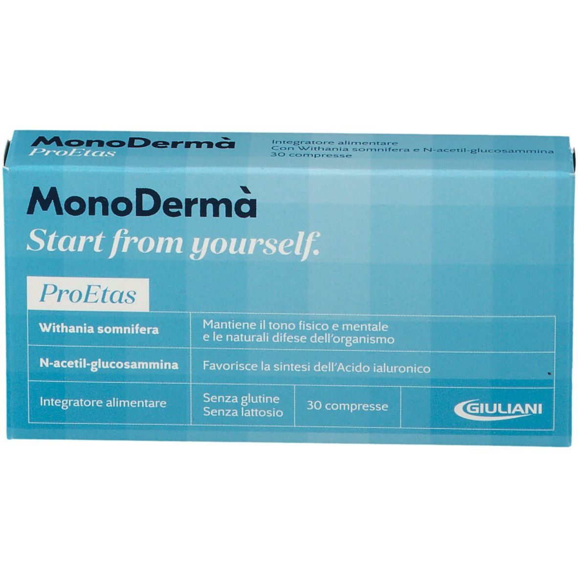 Scatola blu con nome prodotto e ingredienti. 30 compresse.