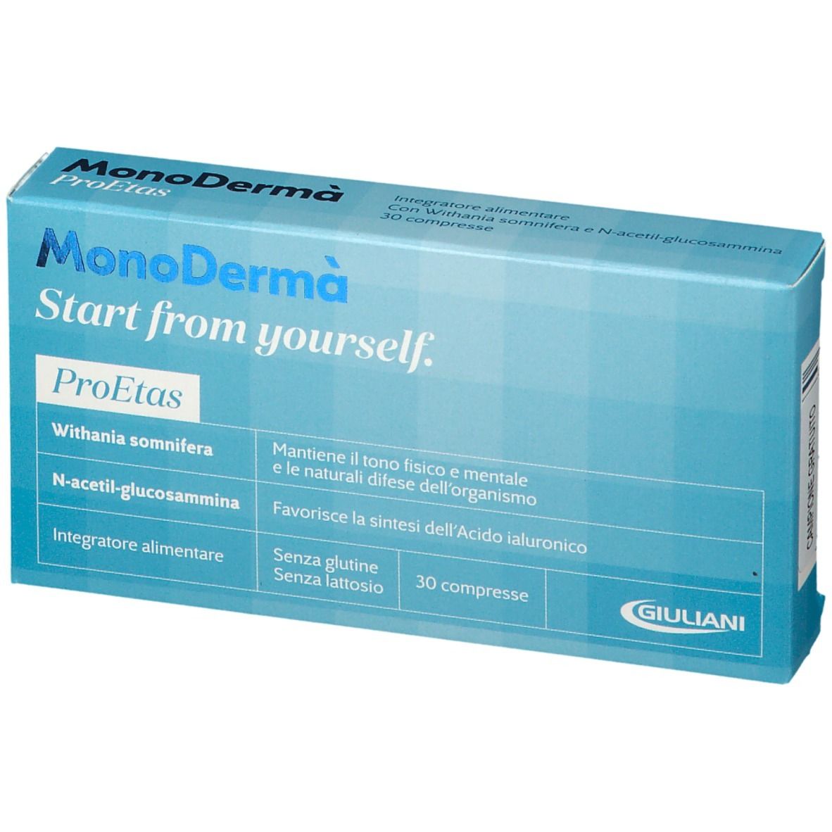 Scatola blu con nome prodotto e ingredienti. 30 compresse.