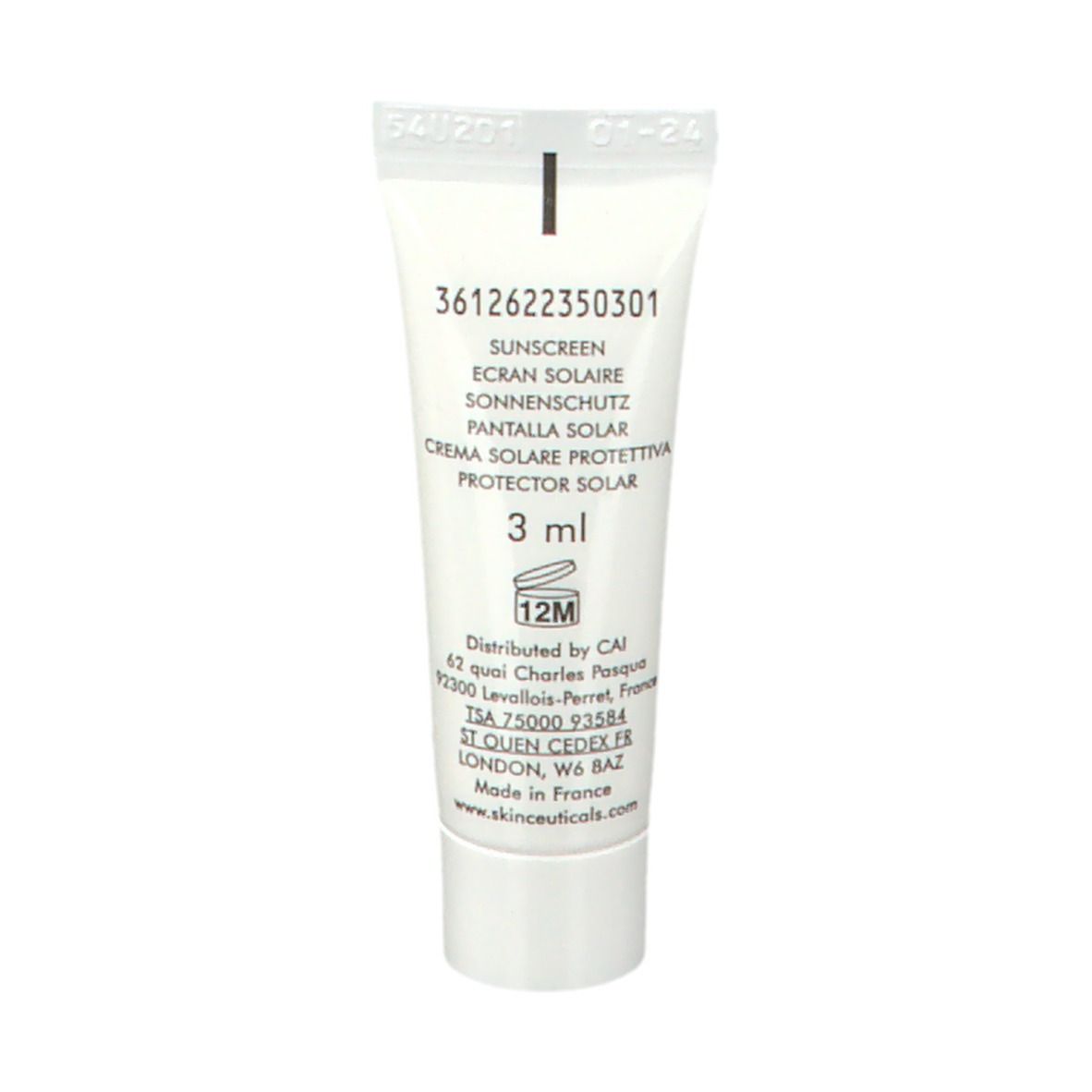 Piccolo tubo di crema solare SkinCeuticals. Contiene 3 ml. Scritte: crema solare, schermo solare, ecc.