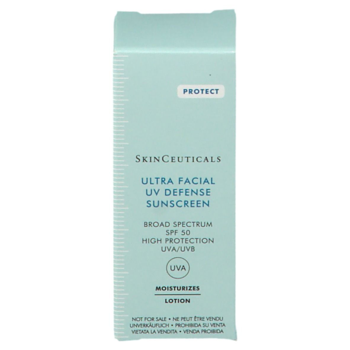 Confezione di crema solare SkinCeuticals Ultra Facial UV Defense. Testo: Alta protezione UVA/UVB. Lozione.