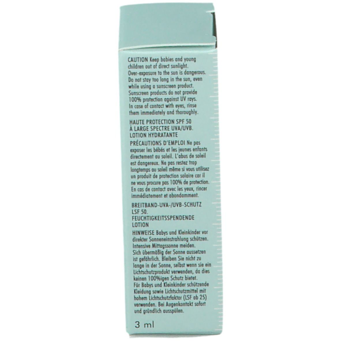 Retro della confezione della crema solare SkinCeuticals. Avvertenze e istruzioni in più lingue.