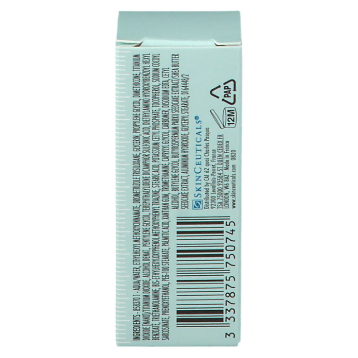 Confezione crema solare SkinCeuticals. Ingredienti, indirizzo produttore e simbolo riciclo.