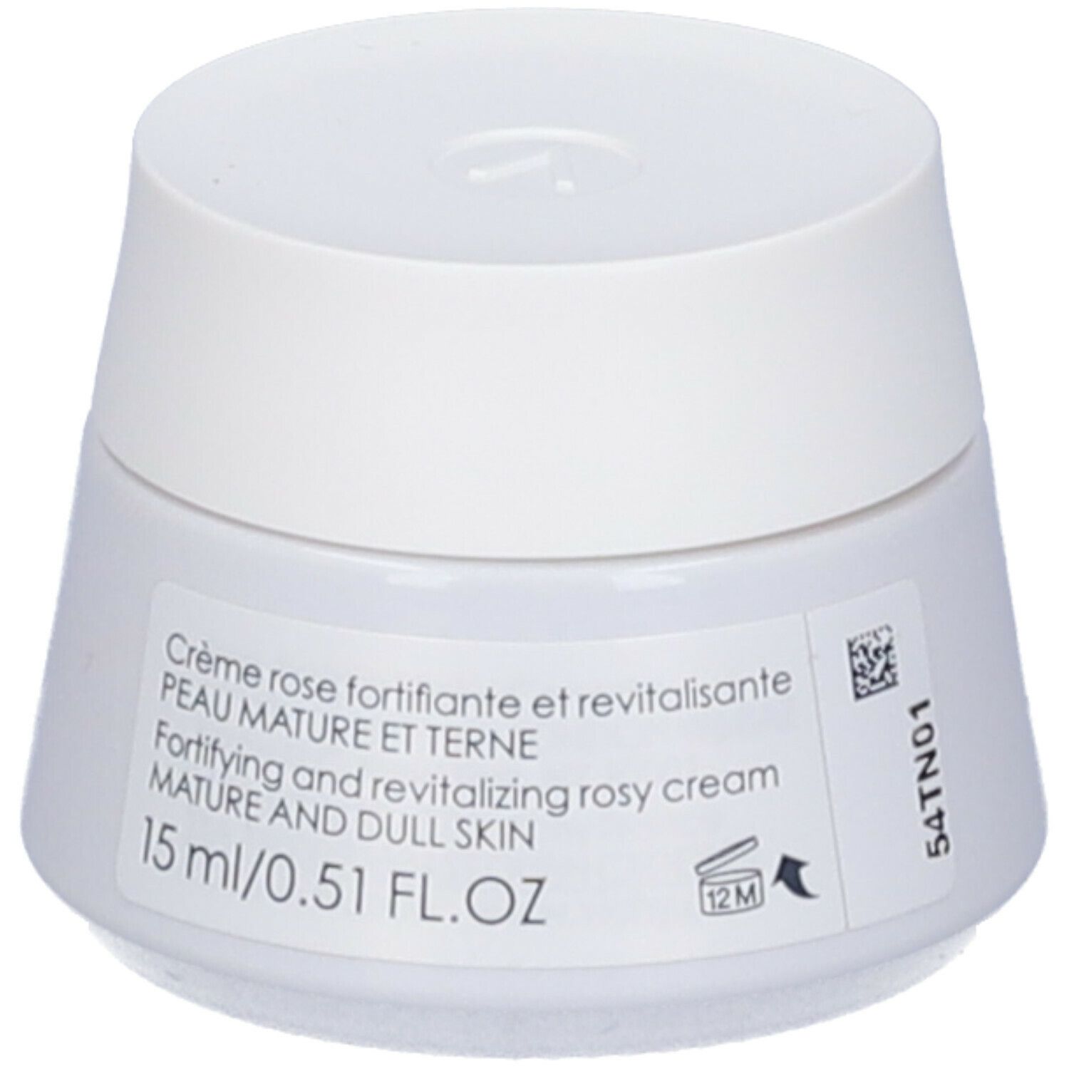 Vasetto bianco con coperchio. Etichetta con testo: Crema rosa fortificante... 15 ml/0.51 FL.OZ. Simbolo 12M.