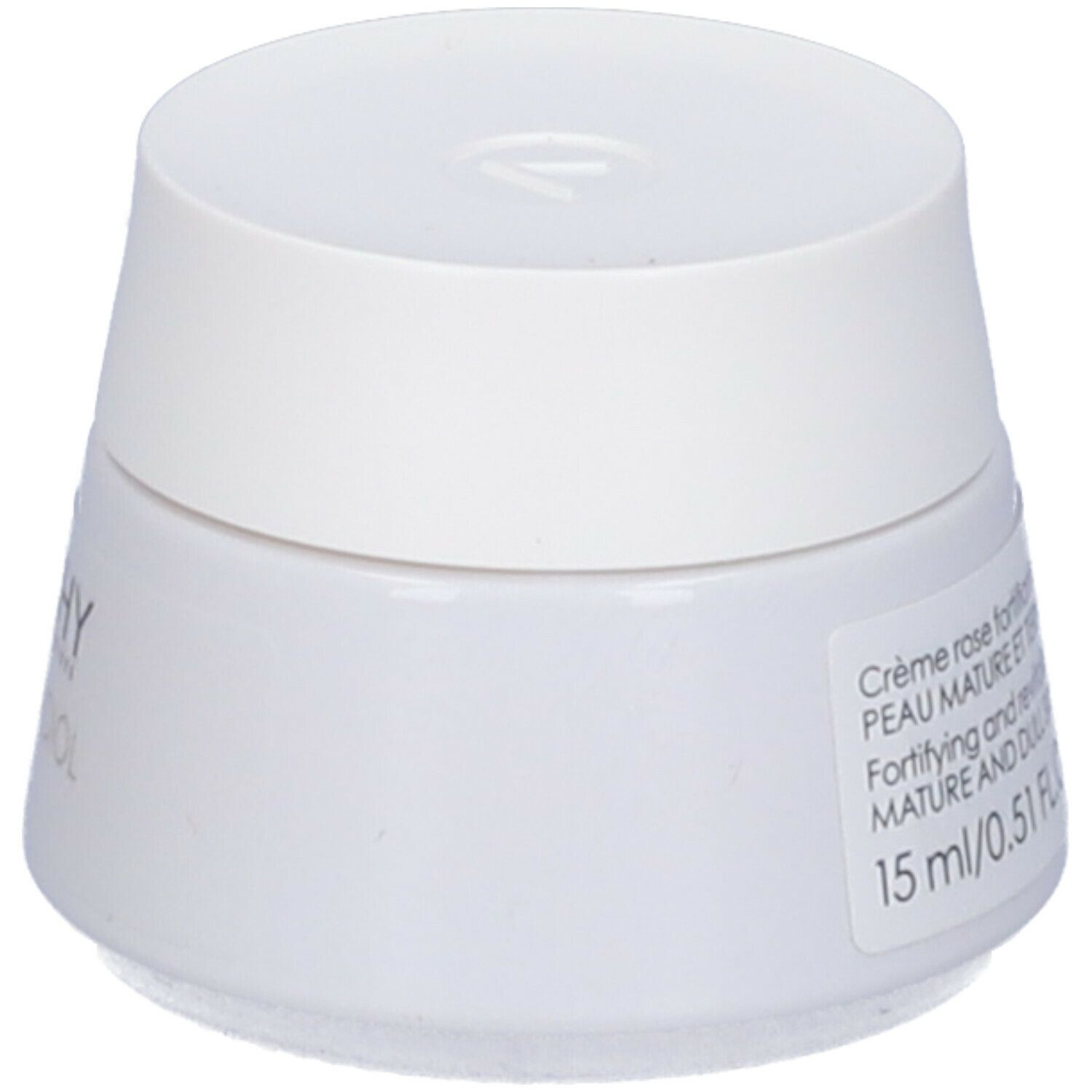 Vasetto bianco con coperchio. Etichetta con testo: Crema rosa fortificante... 15 ml/0.51 FL.OZ.