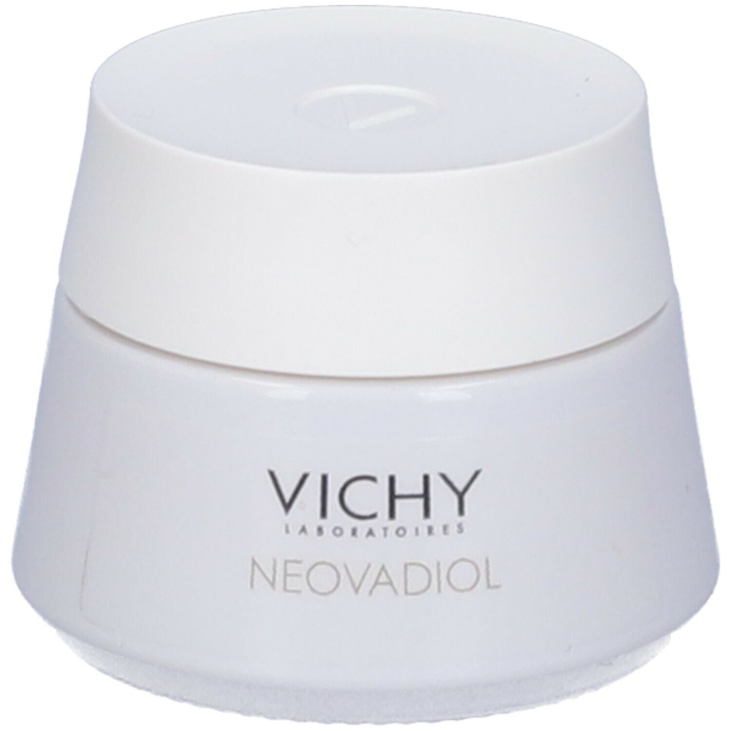 Vasetto bianco con coperchio. Scritta: VICHY, NEOVADIOL.