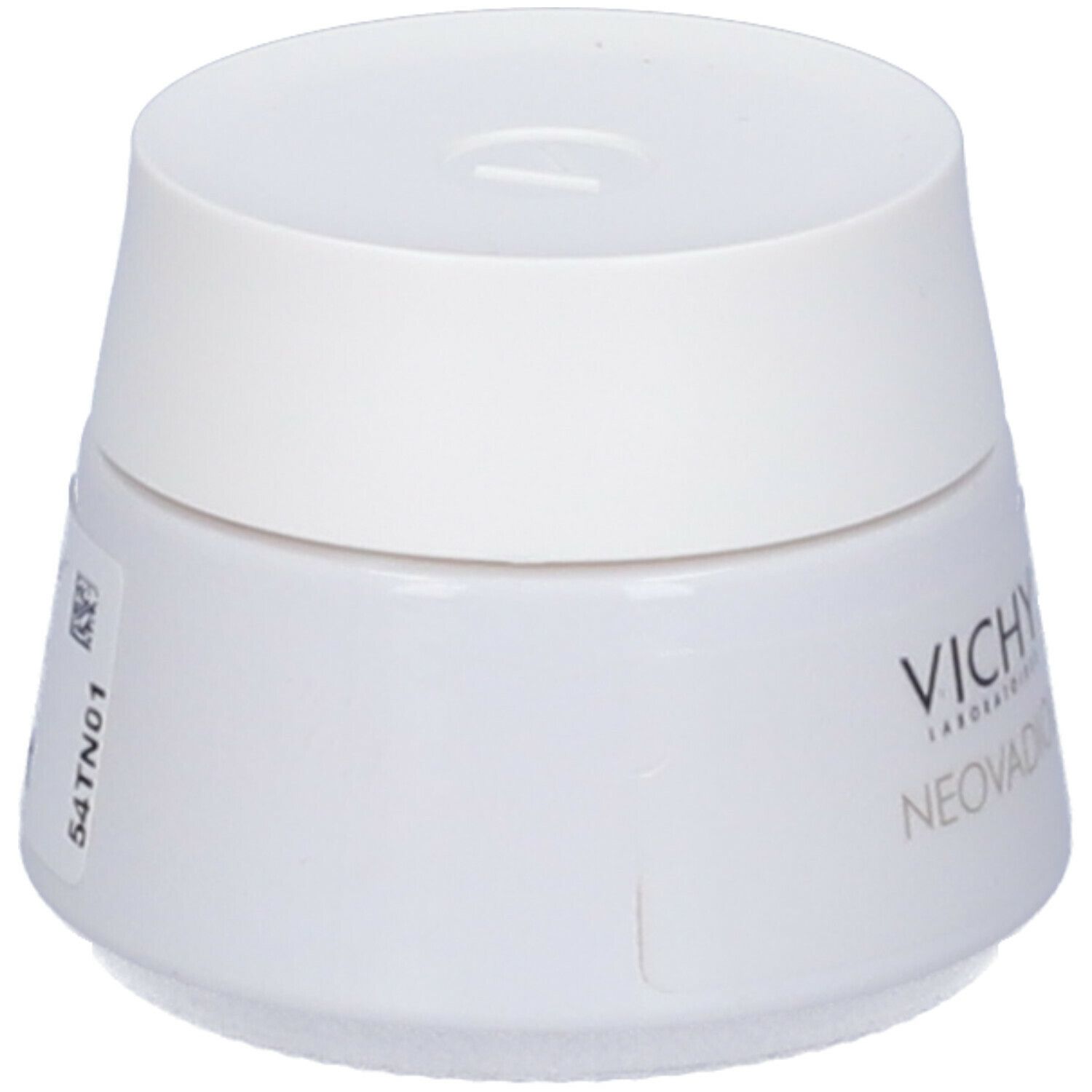 Vasetto bianco con coperchio. Scritta: VICHY, NEOVADIOL.