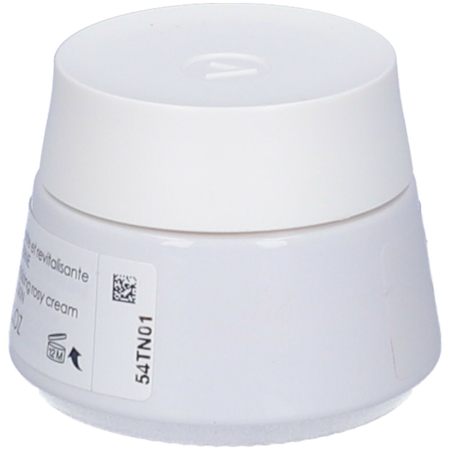 Vasetto bianco con coperchio. Etichetta con testo: Crema rosa fortificante... 15 ml/0.51 FL.OZ. Simbolo 12M.