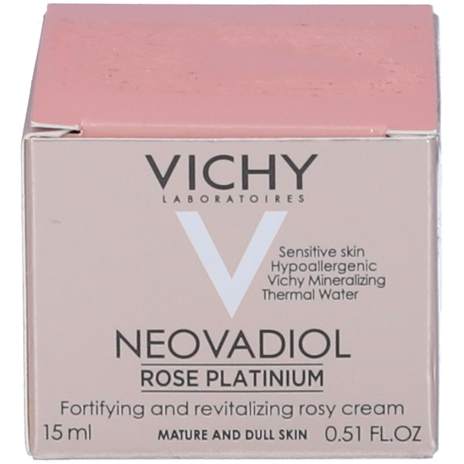 Confezione del prodotto. Confezione rosa con testo: VICHY, NEOVADIOL ROSE PLATINIUM, 15 ml.