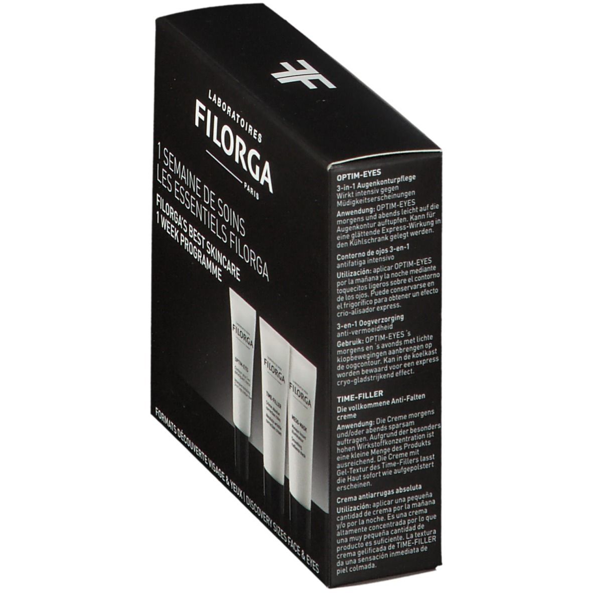 Confezione nera, angolata. Scritta: Filorga, programma di una settimana. Tre tubi. Testo in tedesco, inglese e francese.