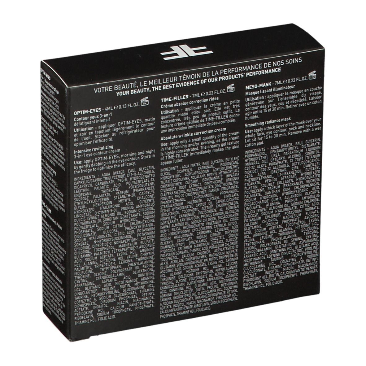 Retro della confezione nera. Testo in più lingue. Contiene informazioni sui prodotti Opti-Eyes, Time-Filler e Meso-Mask.
