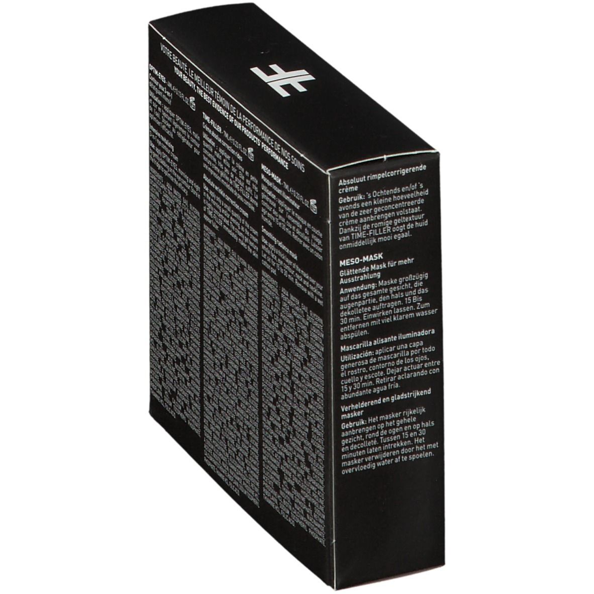 Confezione nera, angolata. Testo in più lingue. Contiene informazioni sui prodotti Opti-Eyes, Time-Filler e Meso-Mask.