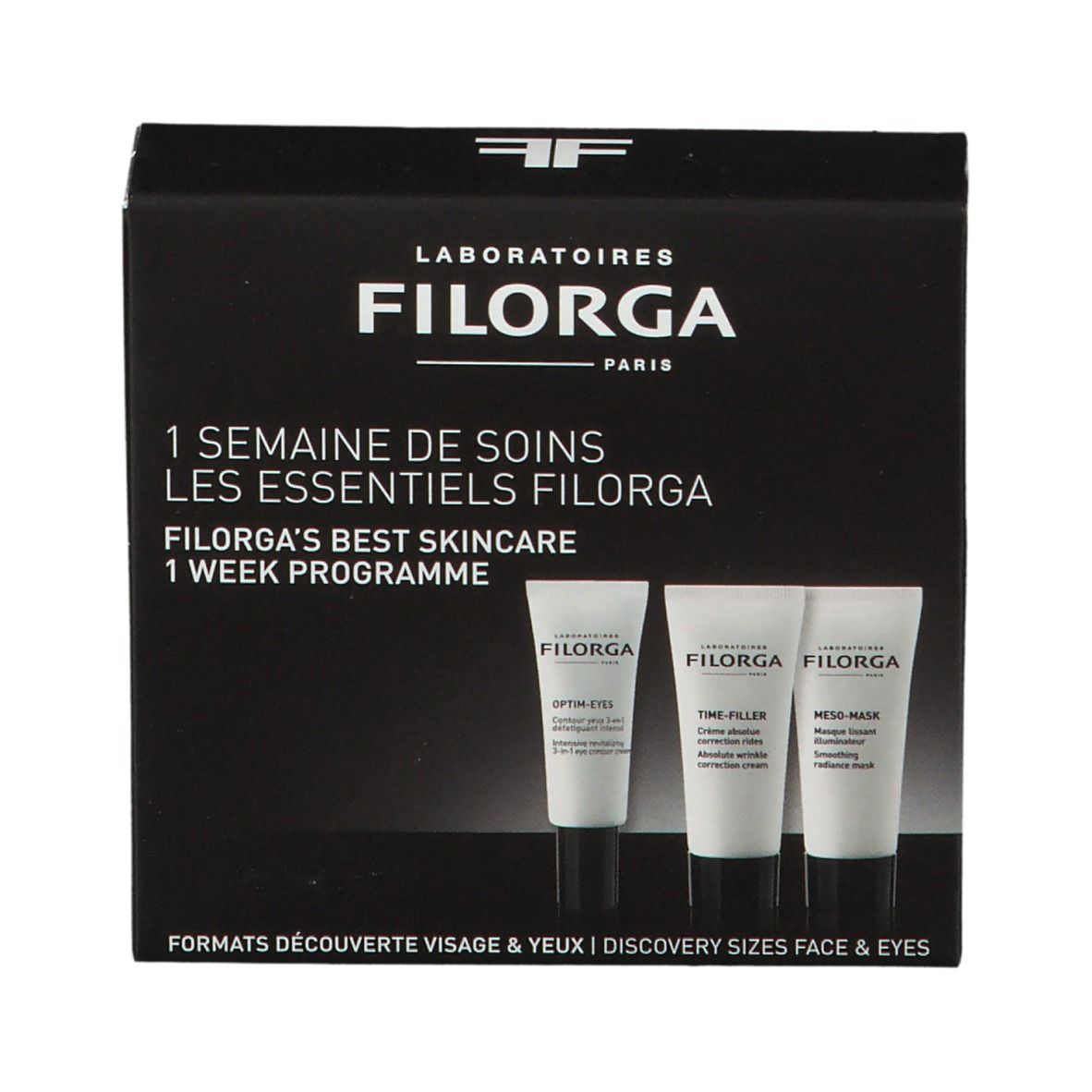 Confezione nera con tre tubi. Scritta: Filorga, programma di una settimana. Formati scoperta viso e occhi.