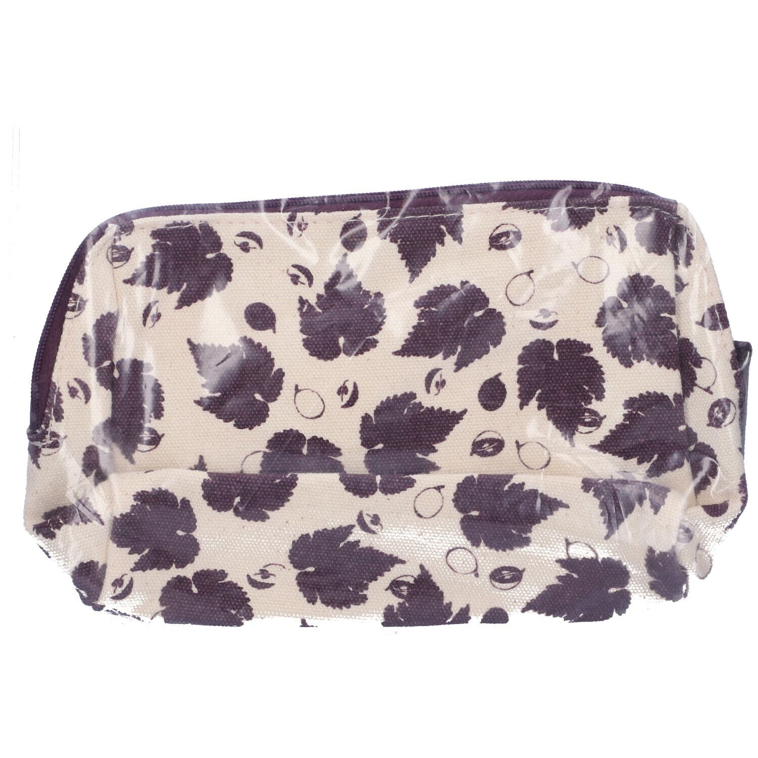 Pochette trucco Caudalie, motivo foglie, confezionata in plastica. Base beige, foglie viola. Chiusura con zip.