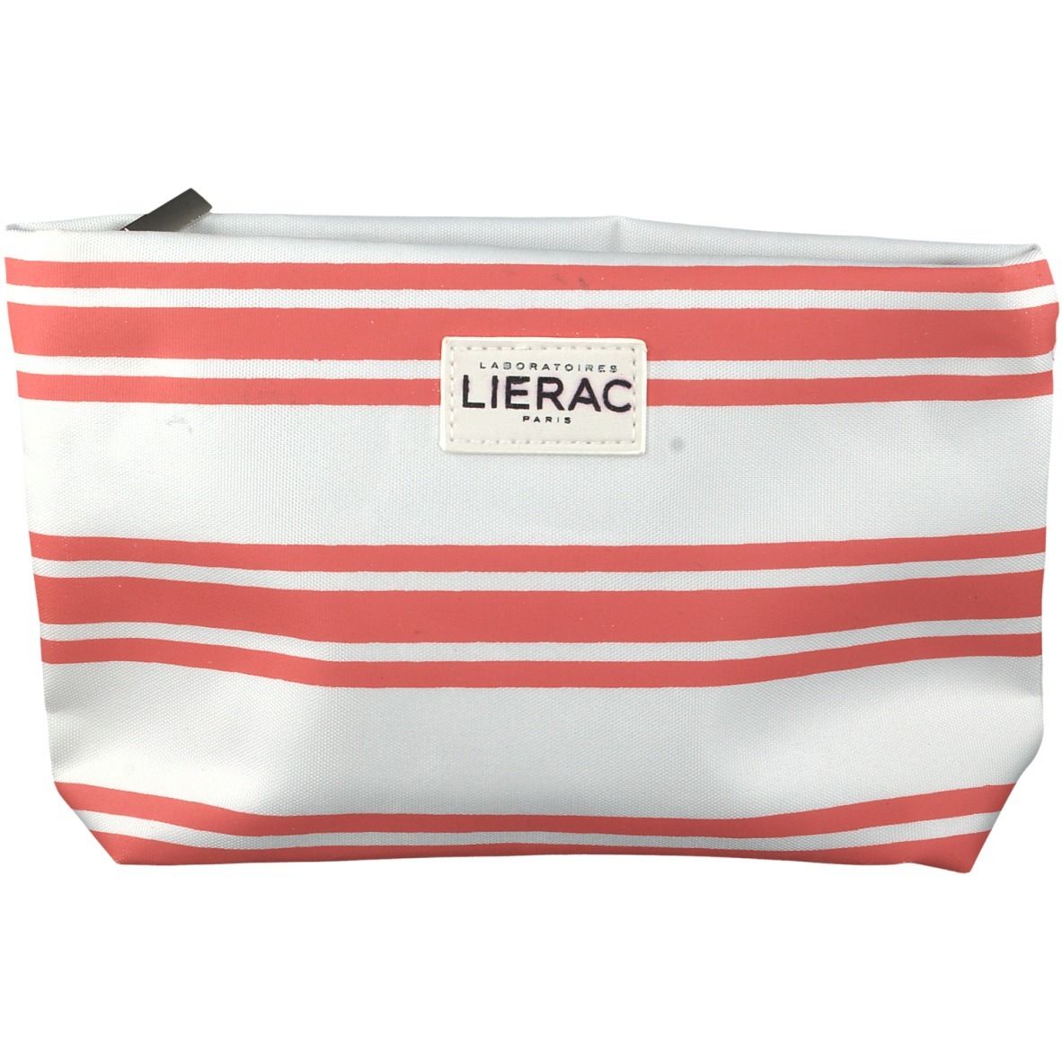 Pochette a righe orizzontali corallo e bianche. Etichetta con logo LIERAC.