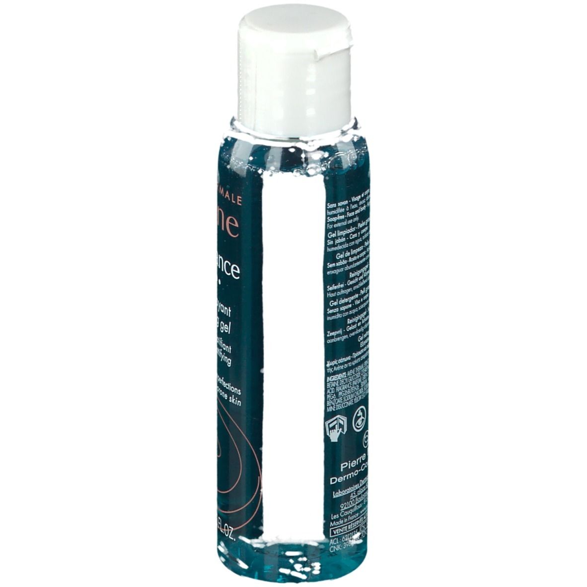 Flacone trasparente con tappo bianco. Retro con informazioni sul prodotto e loghi.