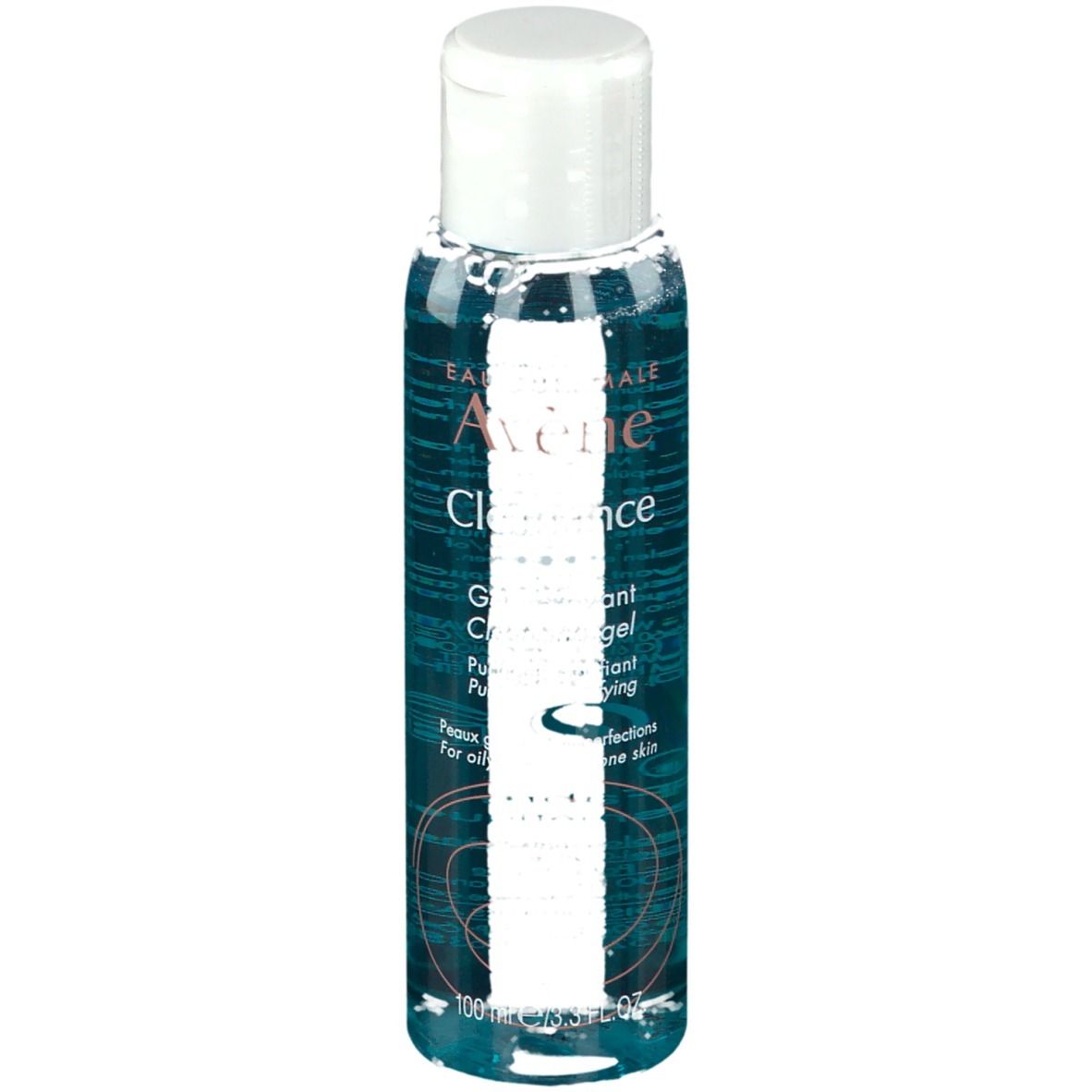 Flacone trasparente con tappo bianco. Scritta: Avene Cleanance Gel. Per pelli impure.