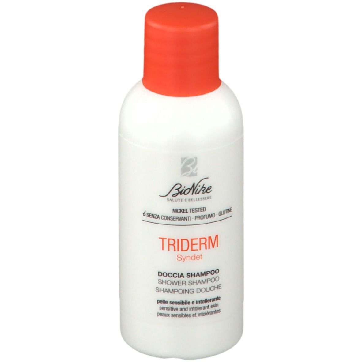 Flacone bianco, tappo rosso. Testo: Bionike, Triderm Syndet, Doccia Shampoo. Nickel tested.