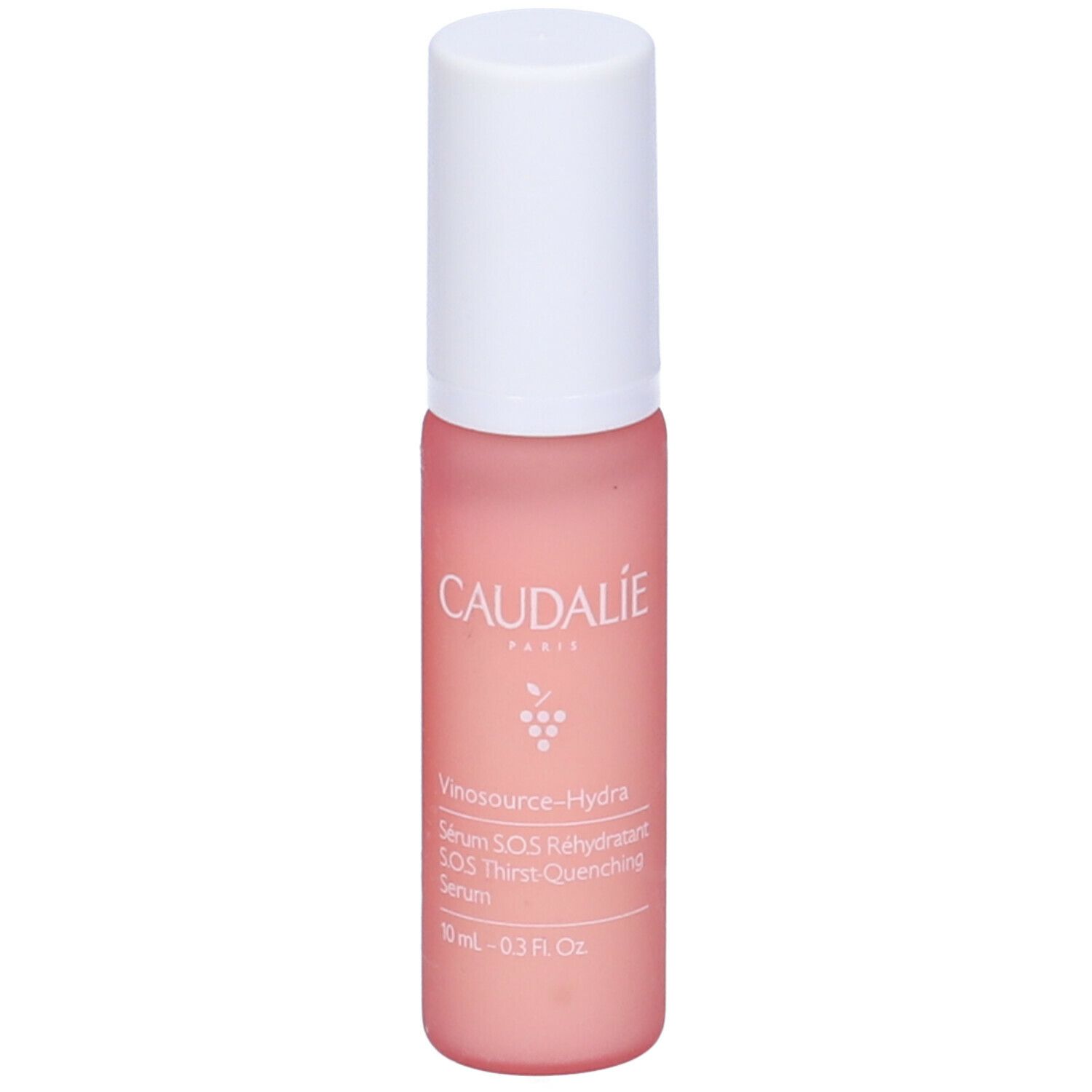 Flacone rosa con tappo bianco. Scritta CAUDALIE PARIS, Vinosource-Hydra, Serum S.O.S. Rehydratant.