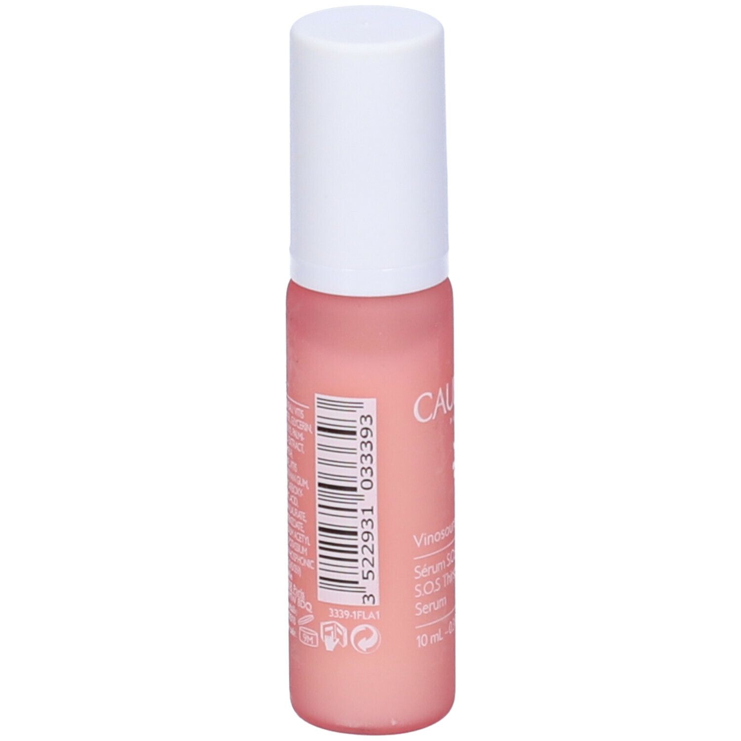 Flacone rosa con tappo bianco. Scritta CAUDALIE PARIS, Vinosource-Hydra, Serum S.O.S. Rehydratant.