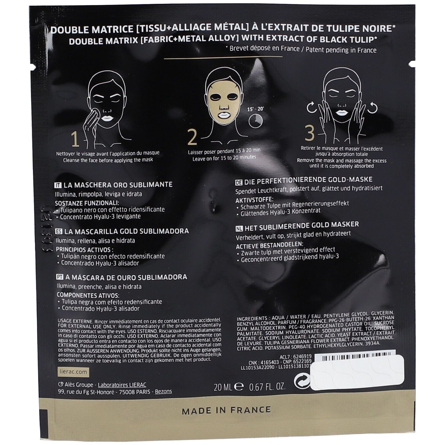 Retro della confezione nera. Testo: LIERAC, LA MASCHERA ORO SUBLIMANTE, istruzioni per l'uso, ingredienti, Made in France.