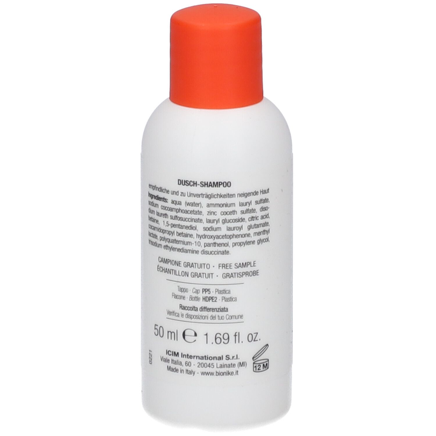 Retro flacone bianco, tappo arancione. Testo: Ingredienti, Campione Gratuito, 50 ml.