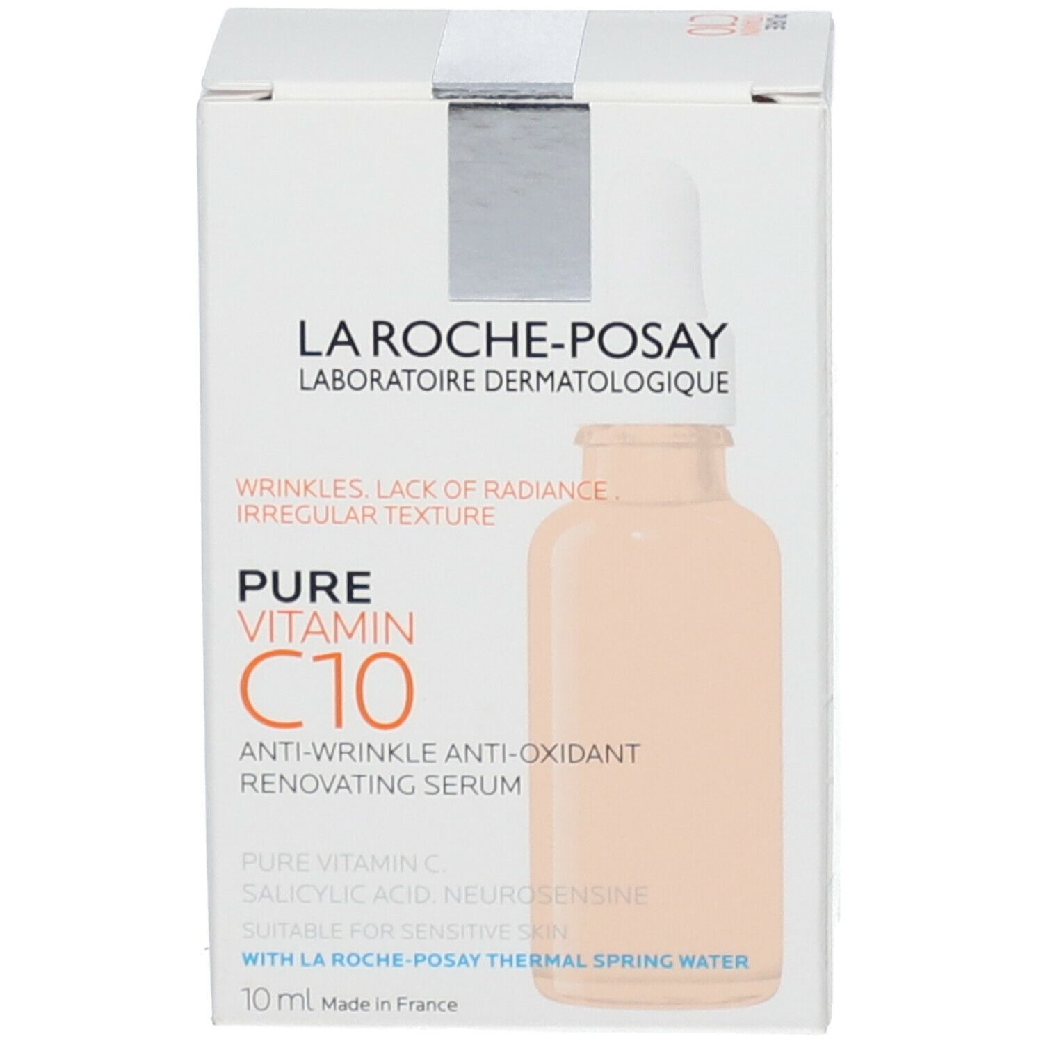 Scatola bianca con flacone. Scritte: LA ROCHE-POSAY, Pure Vitamin C10, siero antirughe. 10 ml.