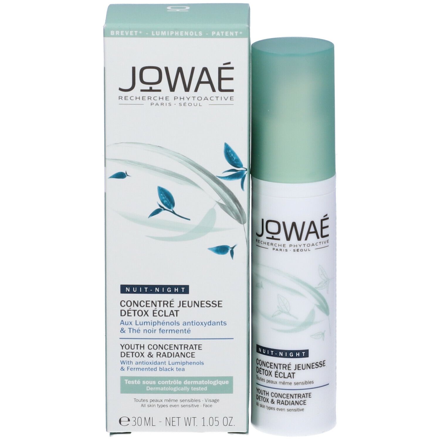 Confezione prodotto con flacone. Scritta: JOWAÉ, NUIT-NIGHT, Concentré Jeunesse Détox Éclat. Con antiossidanti e tè nero fermentato.