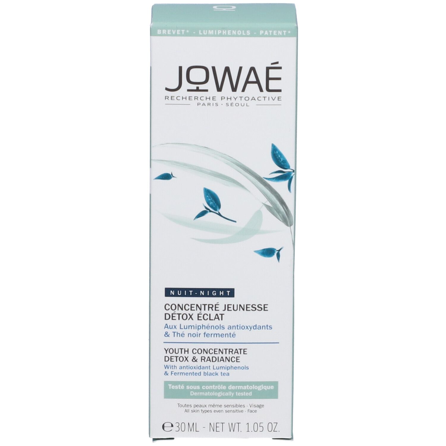 Confezione prodotto. Scritta: JOWAÉ, NUIT-NIGHT, Concentré Jeunesse Détox Éclat. Con antiossidanti e tè nero fermentato.