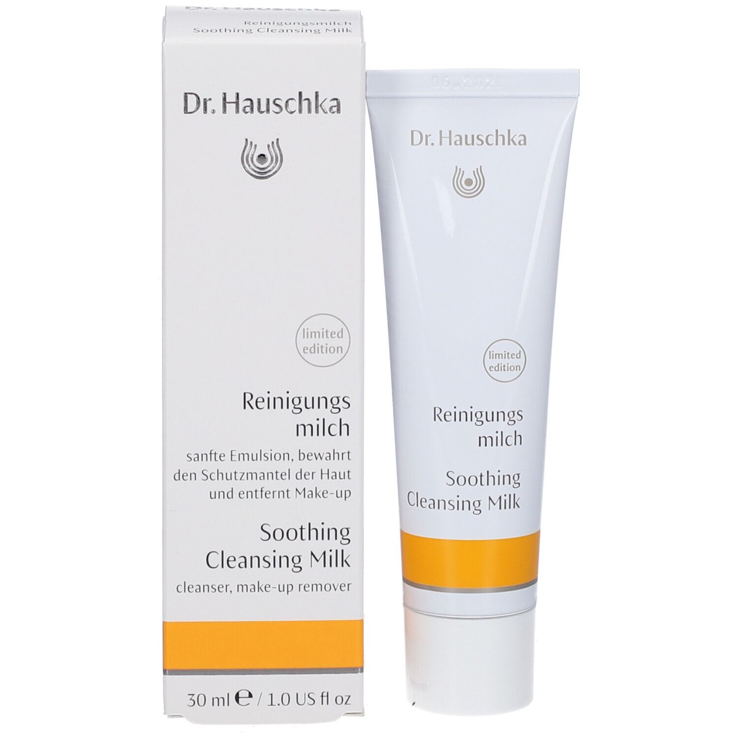 Confezione del prodotto con tubo e scatola. Tubo: bianco con accento giallo. Scatola: bianca con scritta Dr. Hauschka, Reinigungsmilch.