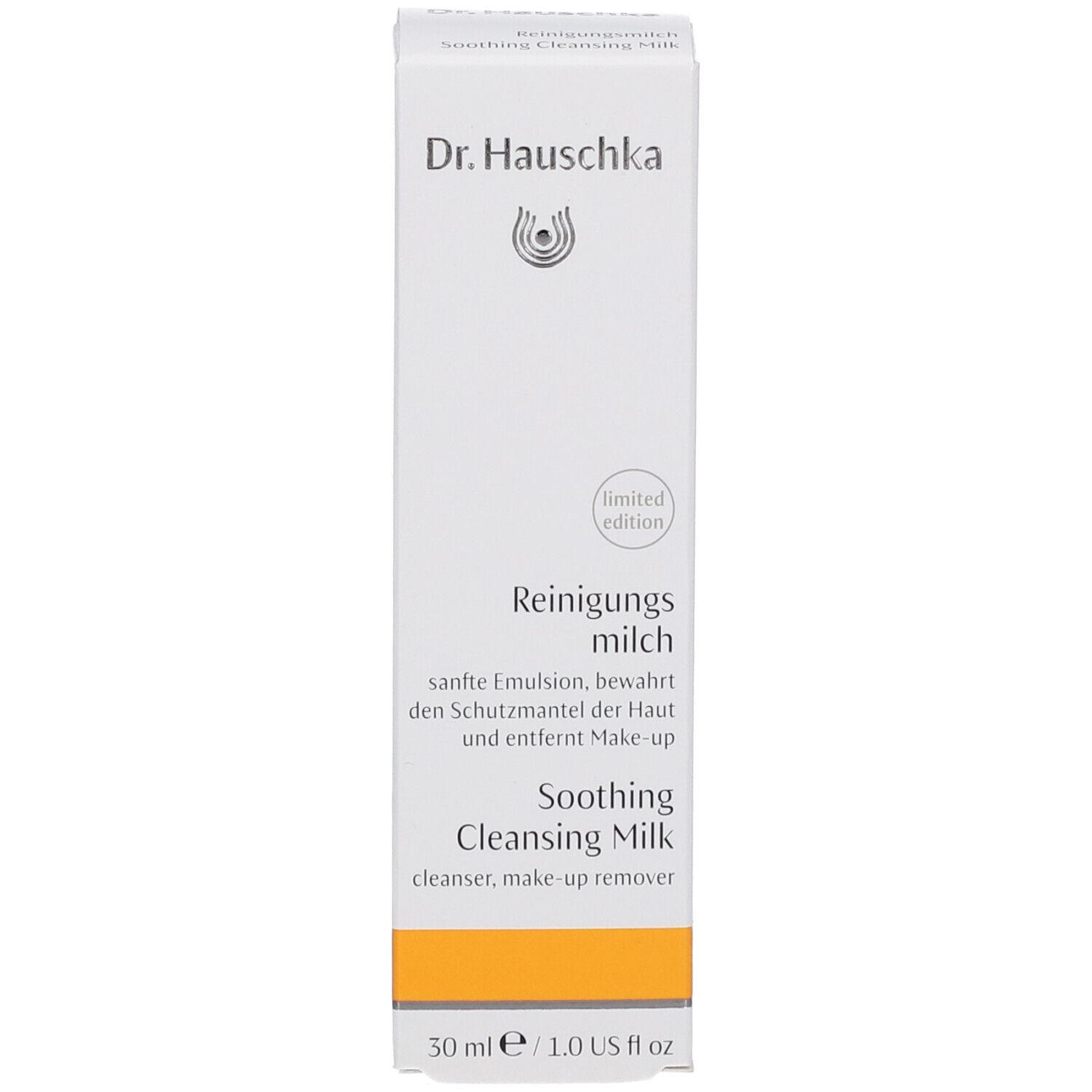 Scatola bianca con accento giallo. Scritta: Dr. Hauschka, Reinigungsmilch, Soothing Cleansing Milk. Edizione limitata. 30 ml.