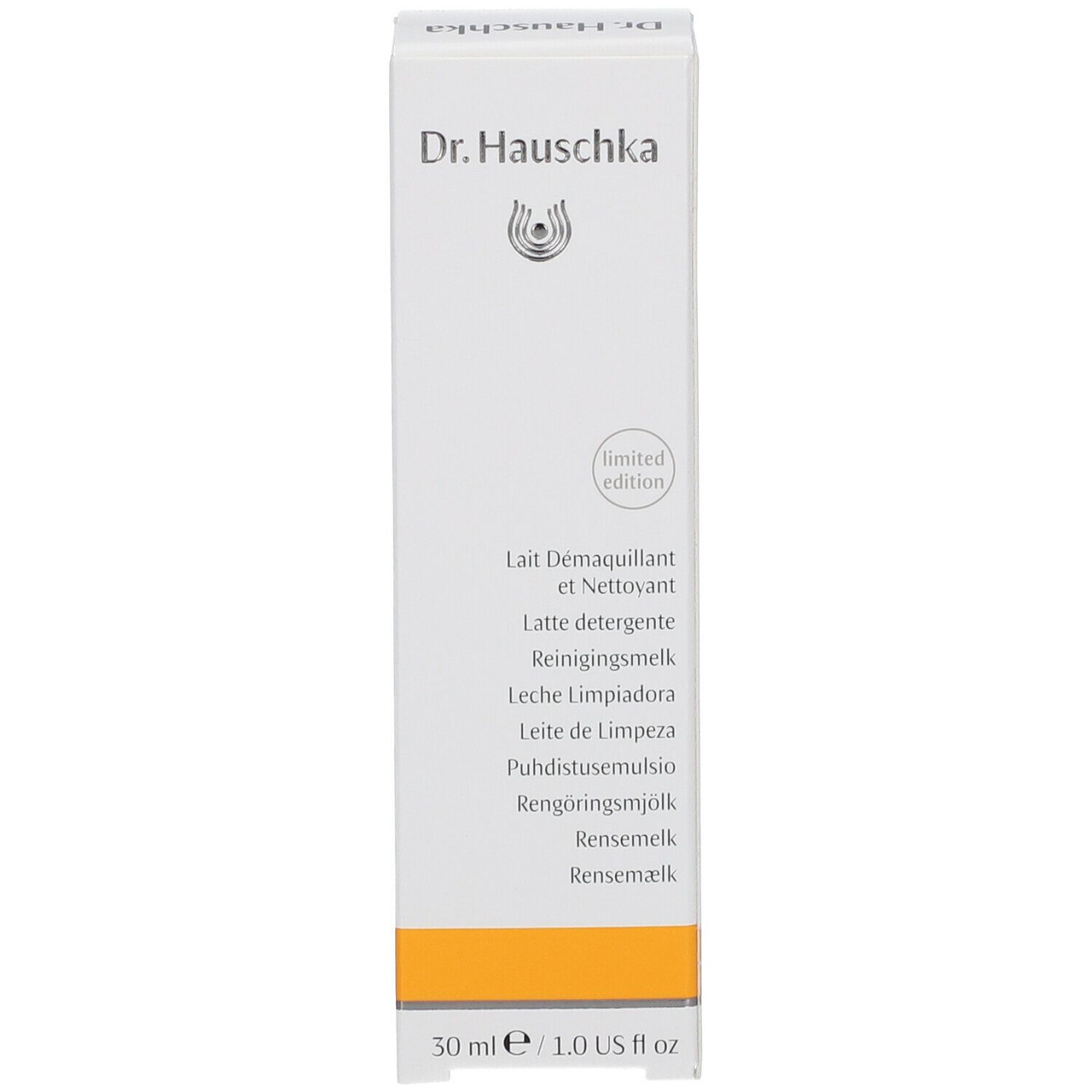 Scatola bianca con accento giallo. Scritta multilingue: Lait Démaquillant et Nettoyant, Latte Detergente, Reinigungsmelk, etc. 30 ml.