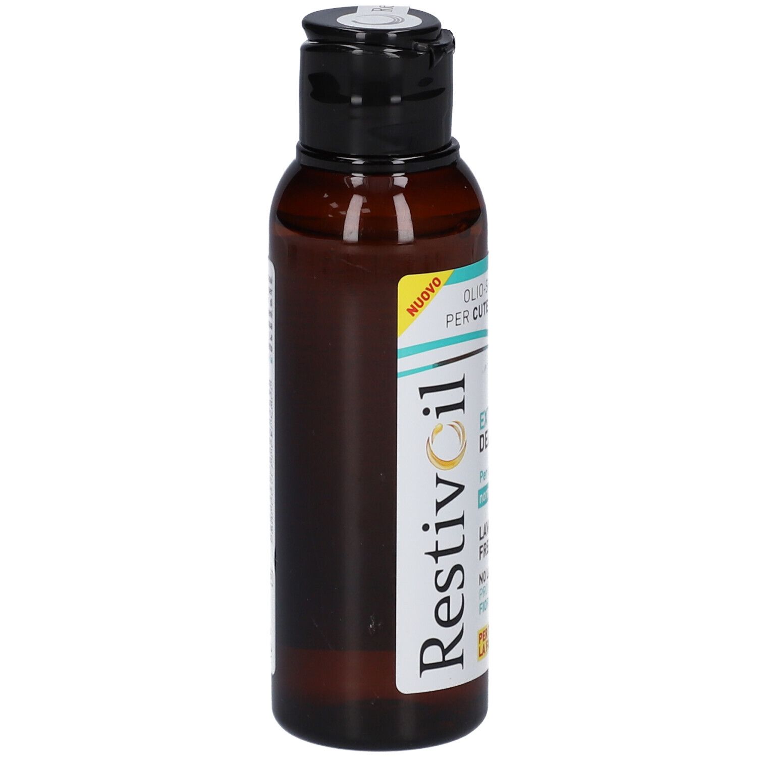 Flacone marrone con tappo nero. Scritta: RestivOil. Etichetta con testo.