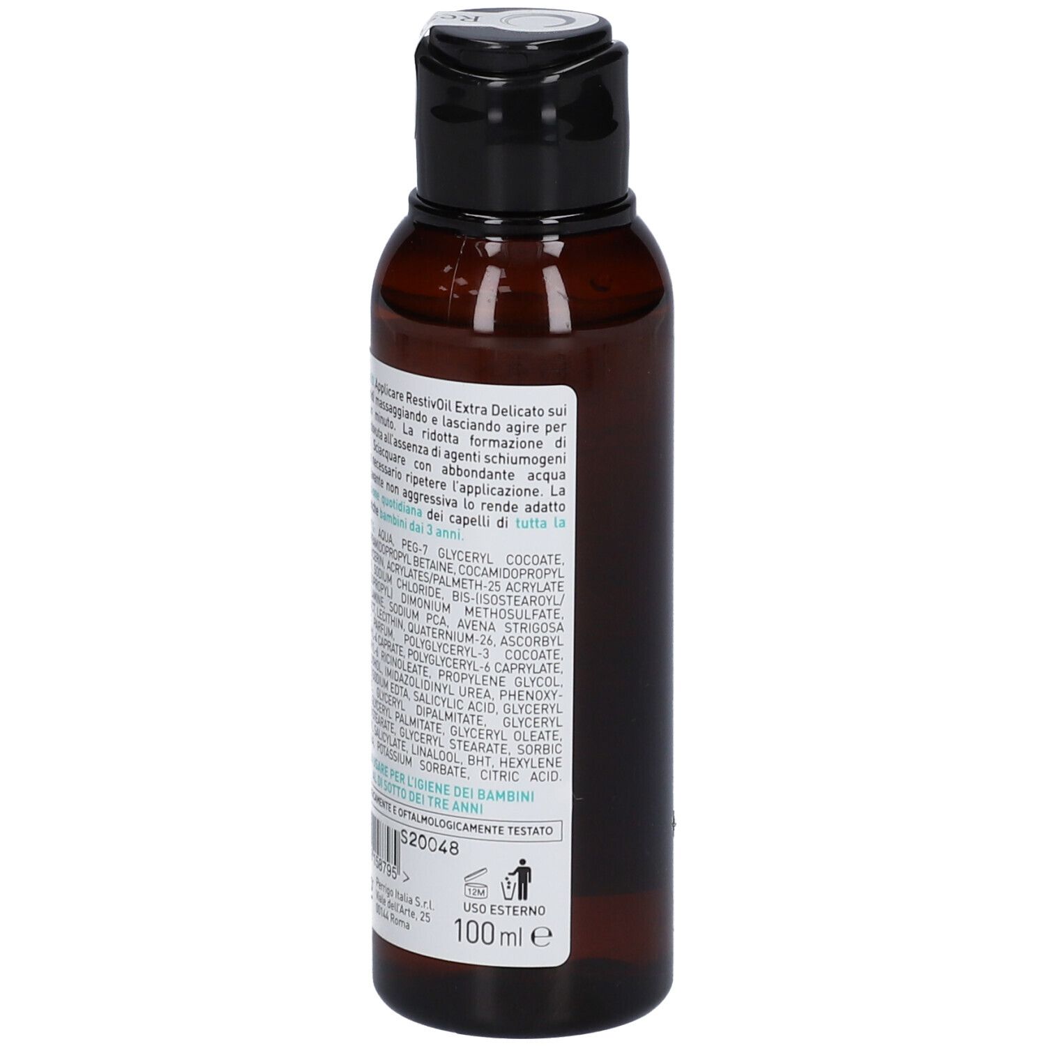Flacone marrone con tappo nero. Retro con ingredienti e testo. Scritta: Uso Esterno.