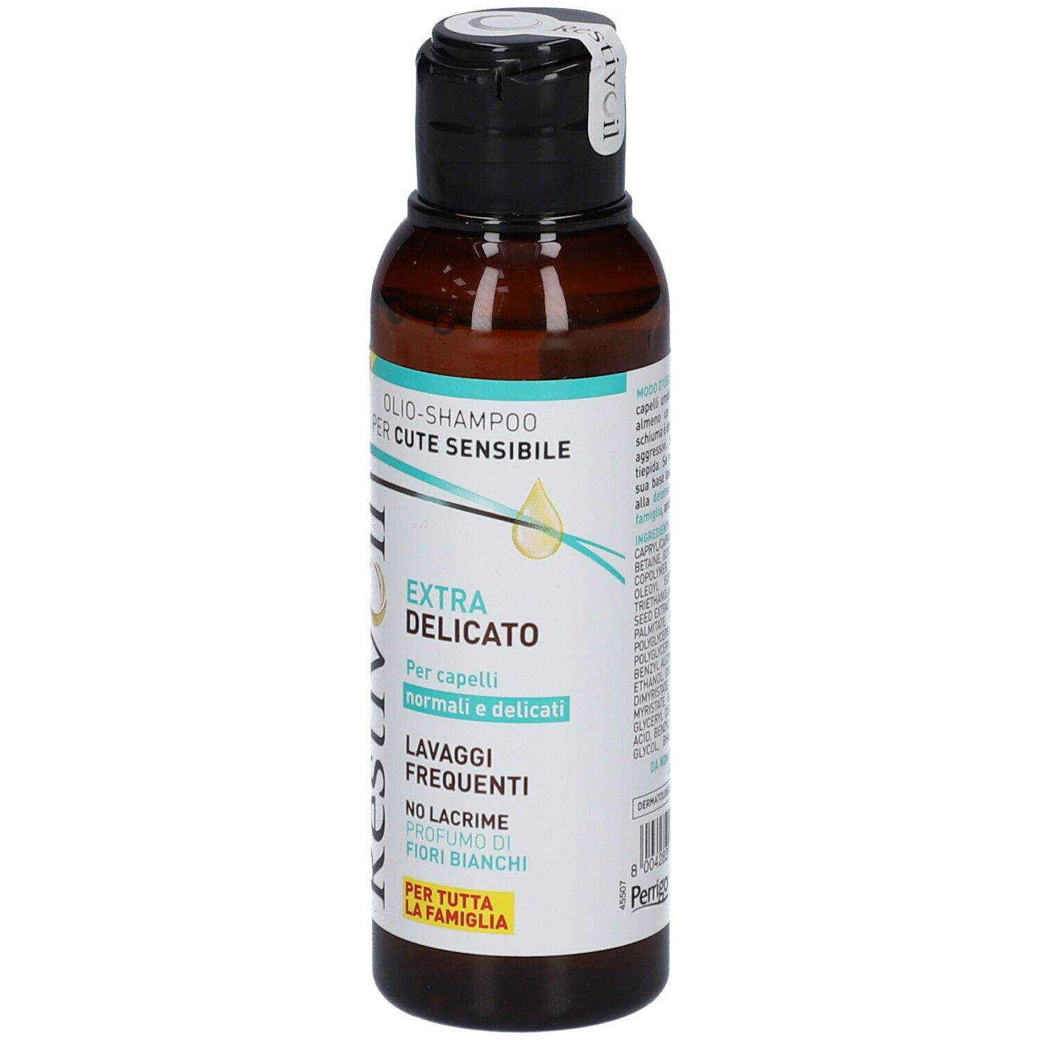 Flacone marrone con tappo nero. Scritta: RestivOil, Extra Delicato. Testo: OLIOSHAMPOO PER CUTE SENSIBILE.